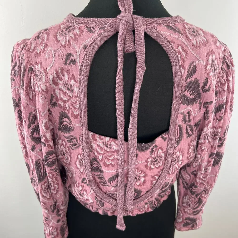 FREE PEOPLE Pink Floral No Ordinary Top Half Puff Sleeves Tie Cut Out Back XS